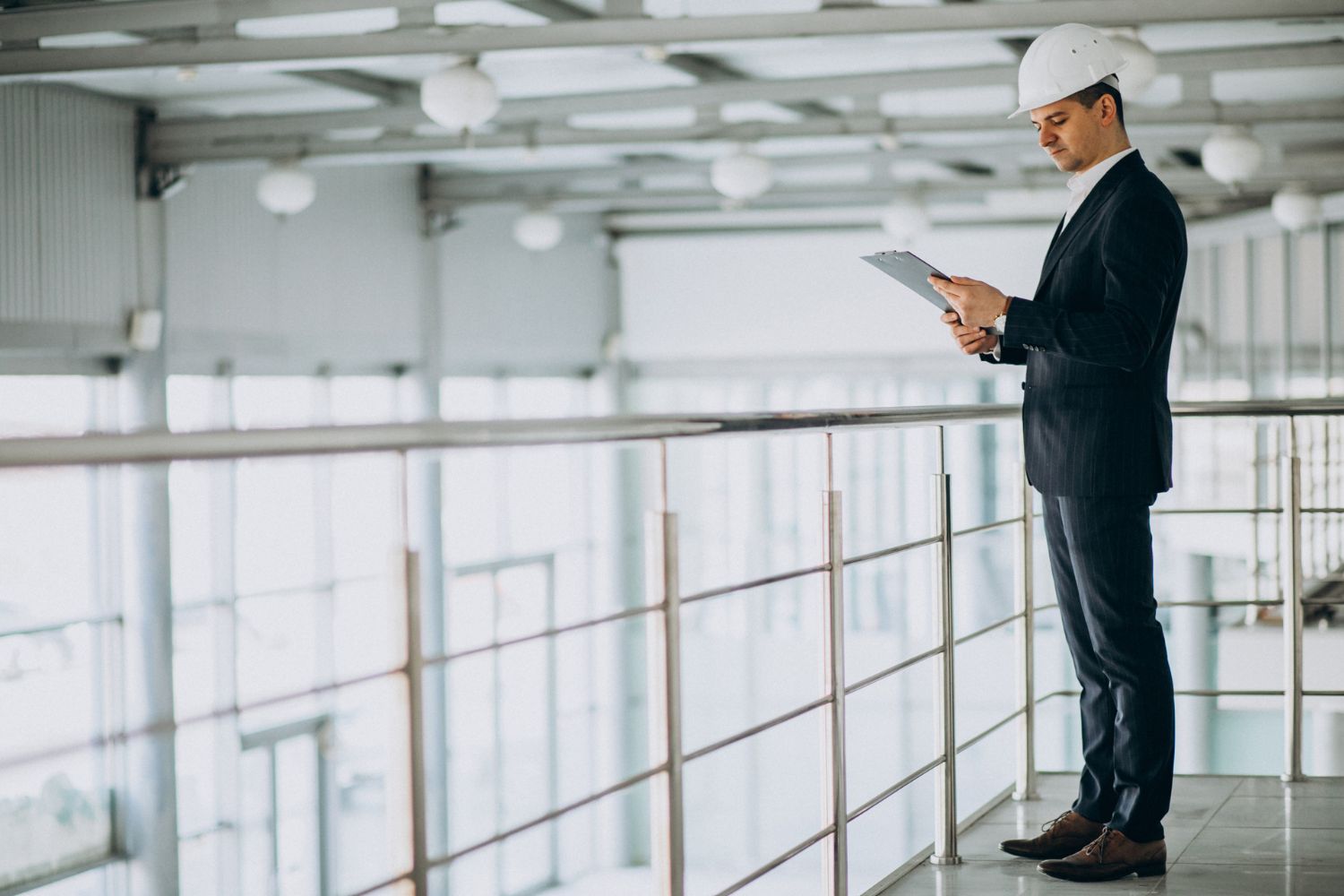 Ingénieur en bâtiment inspectant un site industriel avec casque et tablette.