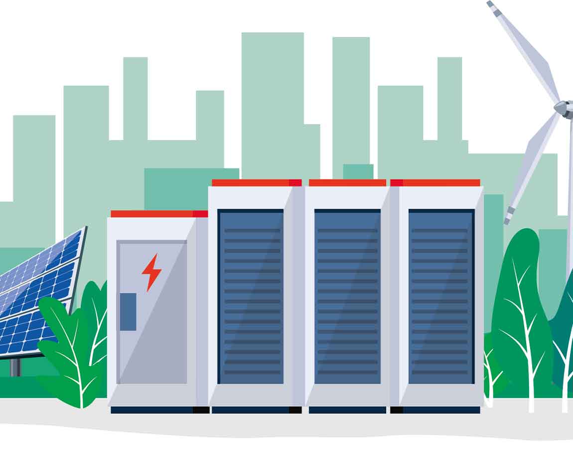 Illustration vectorielle d'une grande station de stockage d'énergie à batteries lithium-ion rechargeables et d'une station d'énergie électrique renouvelable avec panneaux solaires et éoliennes. Système de stockage d'énergie de secours.