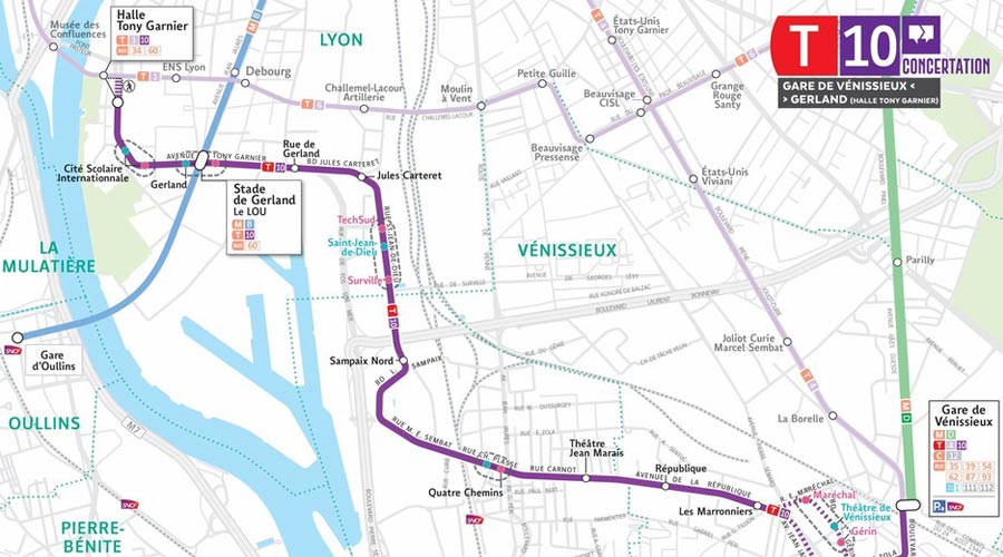 Map of the new tramway line 10 in Lyon