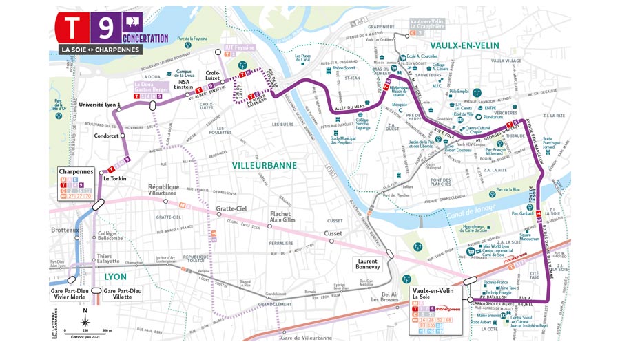 Map of the new tramway line 9 in Lyon