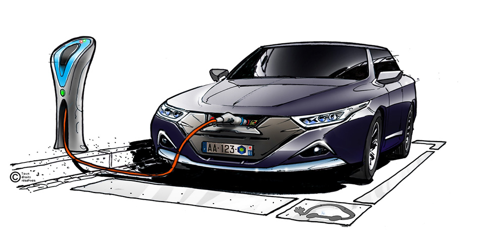 Dessin d'une voiture électrique avec borne de recharge